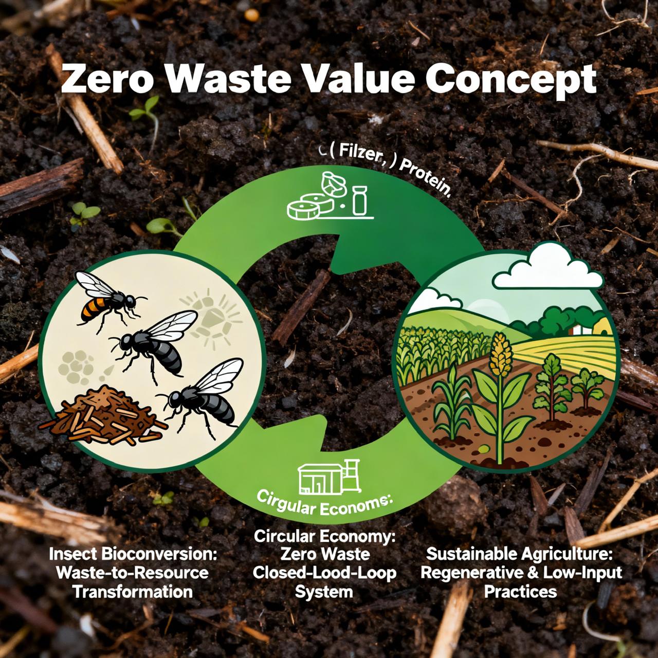 Zero waste value concept diagram showing the circular economy of insect bioconversion.